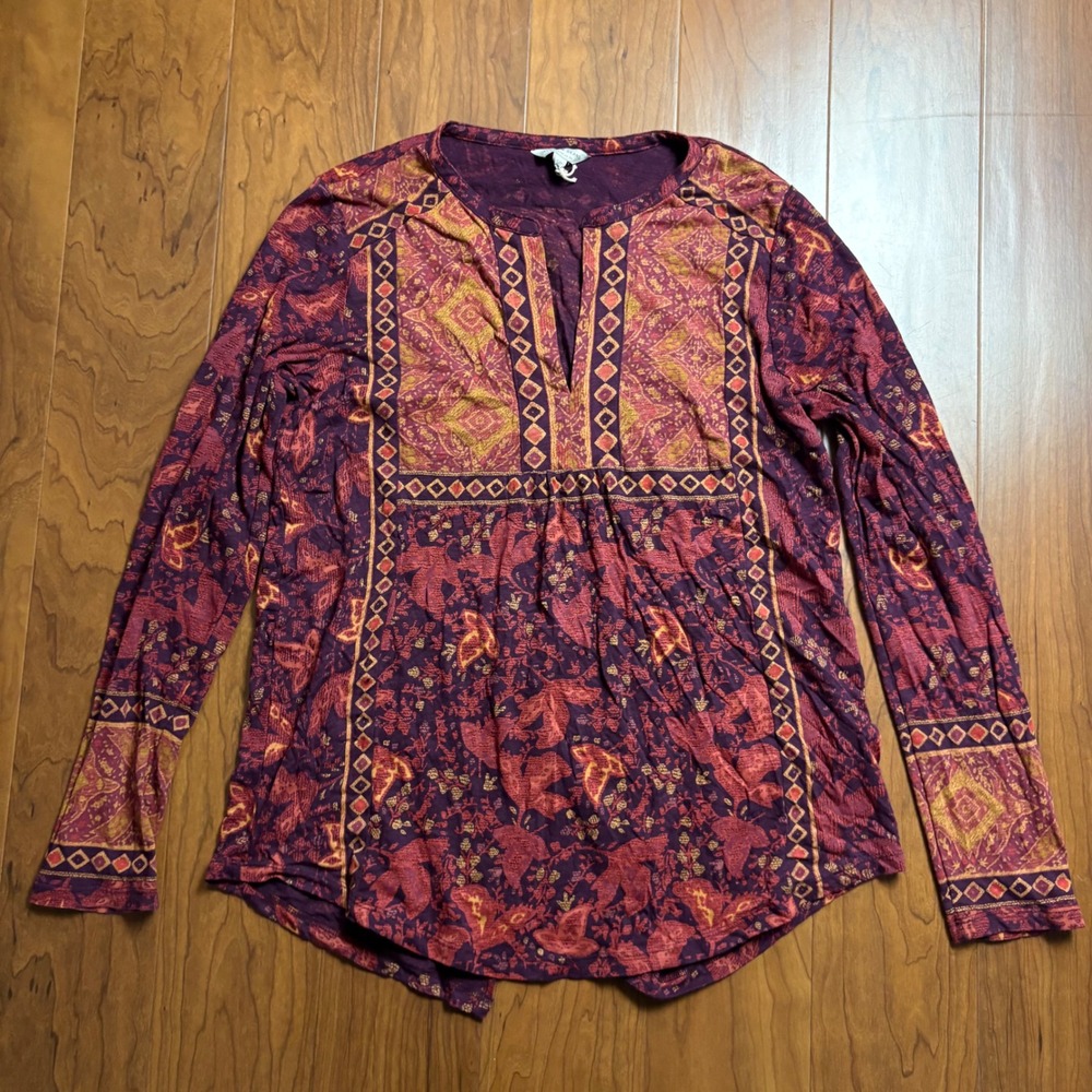 Lucky Brand Womens Small Burgundy Orange Boho Paisley Open Tulip Back Top boho